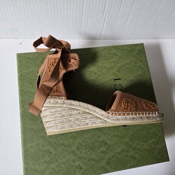 NIB Gucci Damita embroidered GG espadrille wedge sandals IT 38.5/ US 8.5 - Picture 11 of 12